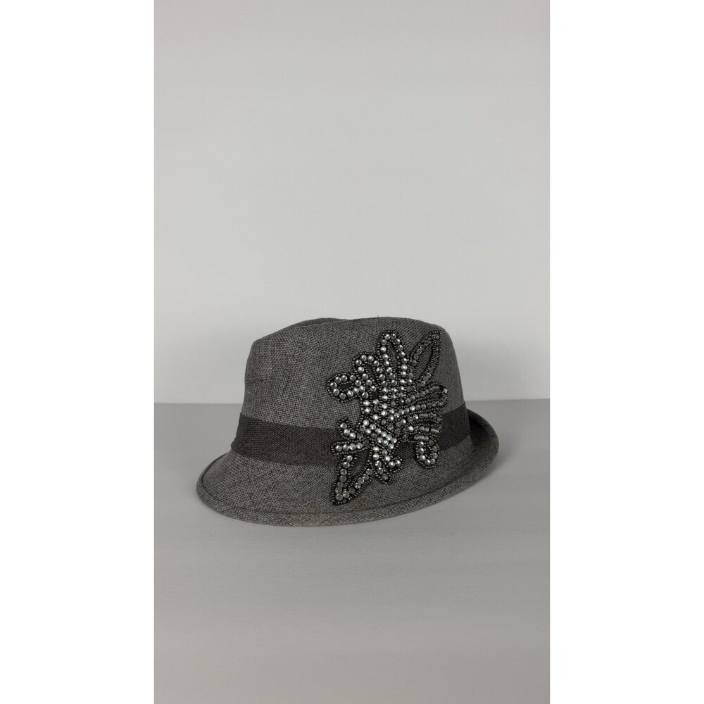 Women’s Gray Fedora Hat Rhinestone Butterfly Embellished Black Band